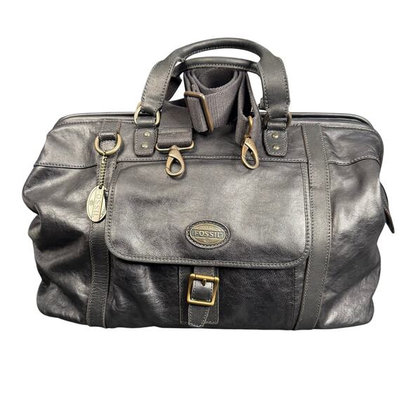 FOSSIL Men Black Leather Duffel Dr Bag Style Weekender Overnight Travel Carry-On - Picture 1 of 12